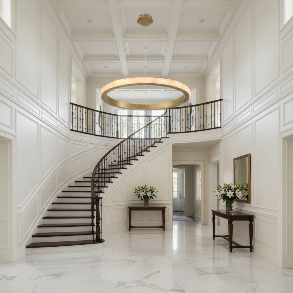 Riviko Aura Grandeur Integrated LED Chandelier - elegant American entryway with arched doorway