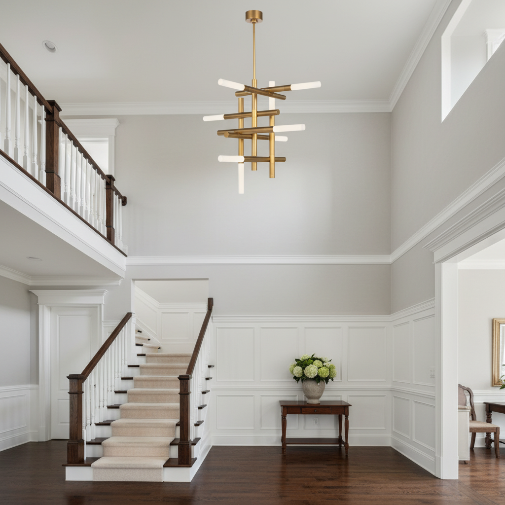 Riviko Geometric Horizon Brass Chandelier - elegant American entryway with arched doorway