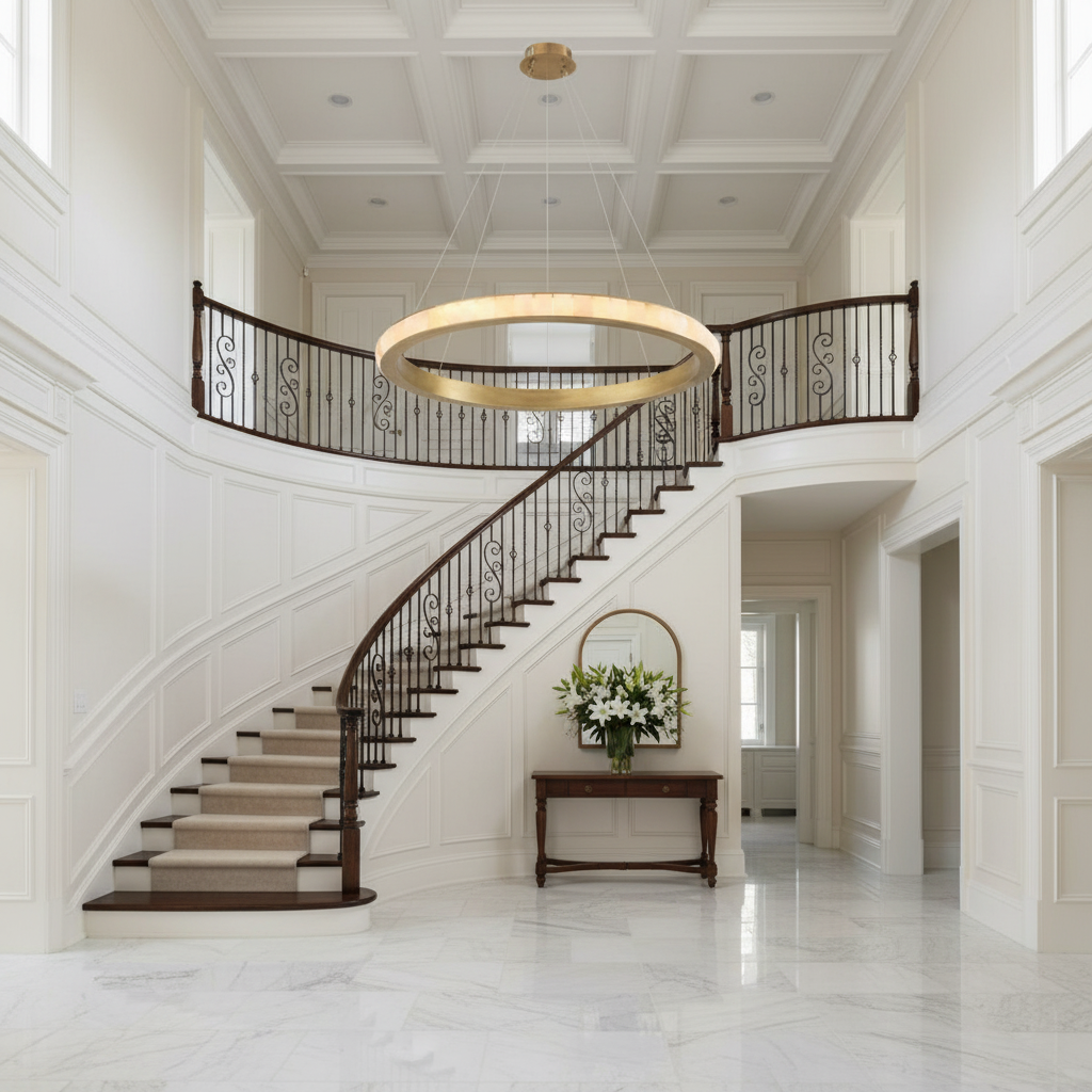 Riviko Aura Grandeur Integrated LED Chandelier - elegant American entryway with arched doorway