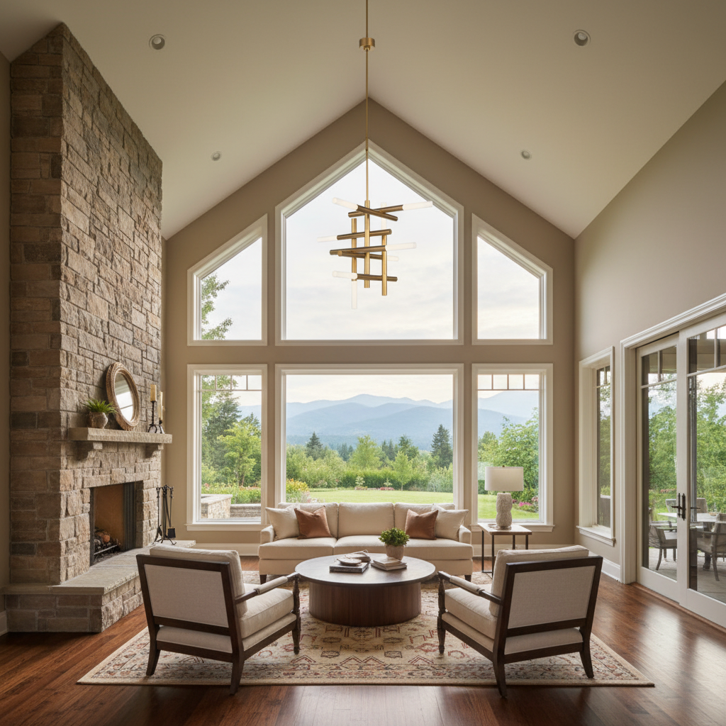Riviko Geometric Horizon Brass Chandelier - American transitional great room with cathedral ceiling