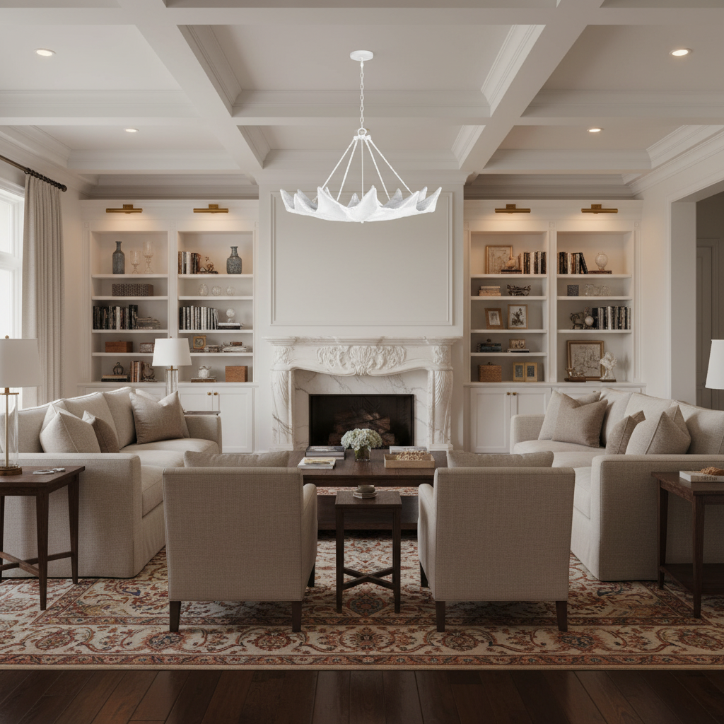 Riviko Coastal Bloom Sculptural Chandelier - luxurious American living room with tray ceiling
