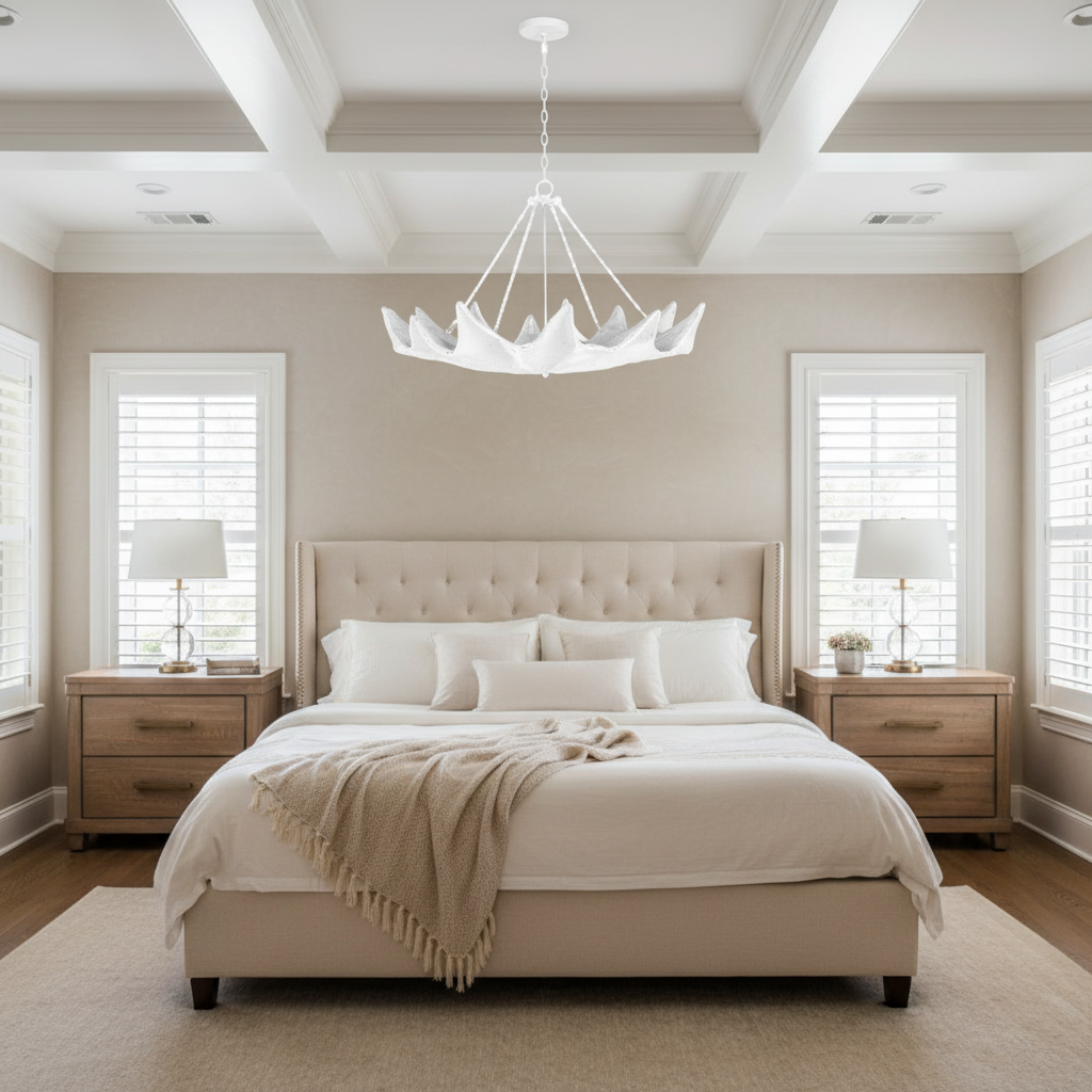Riviko Coastal Bloom Sculptural Chandelier - American master bedroom with coffered ceiling