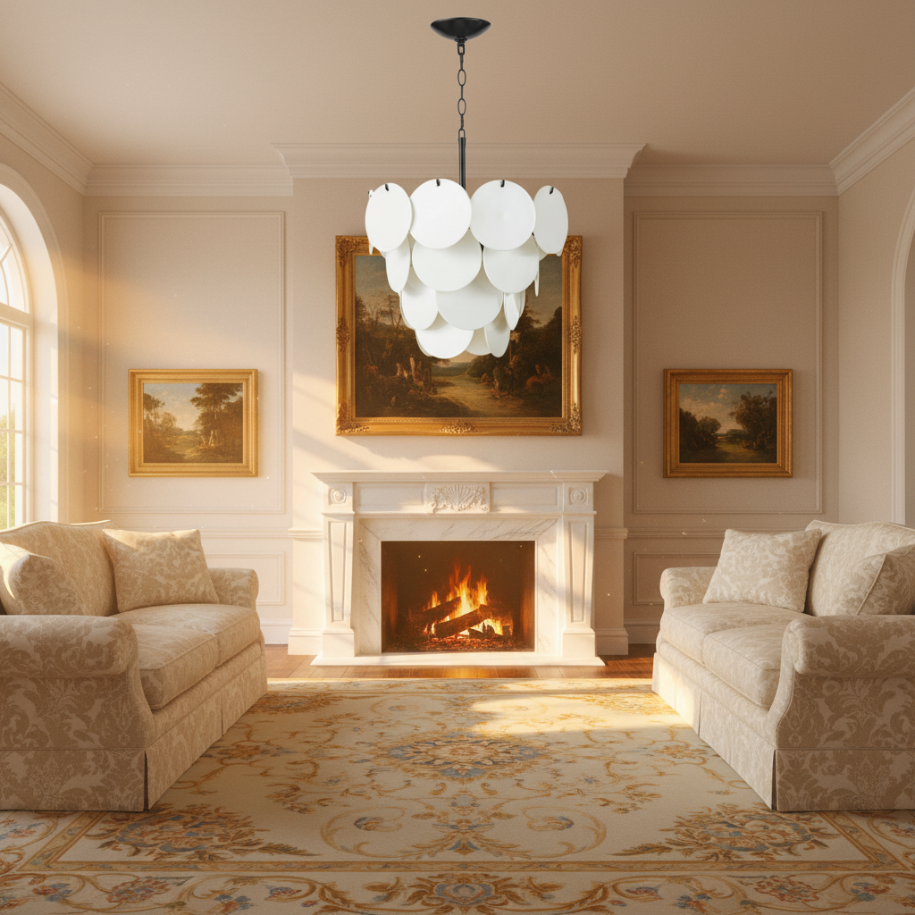 Riviko Aura Cascade White Glass Chandelier - American formal living room with 12-foot ceilings