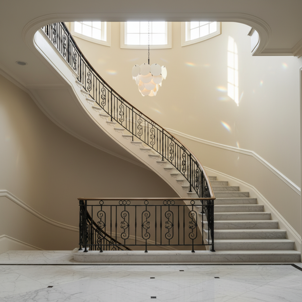 Riviko Aura Cascade White Glass Chandelier - dramatic American stairwell with soaring ceiling