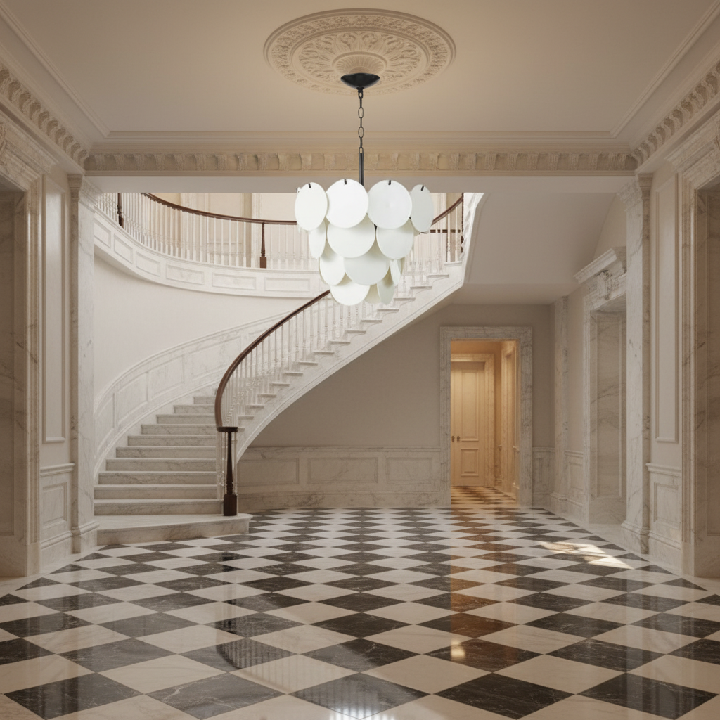Riviko Aura Cascade White Glass Chandelier - grand American estate foyer