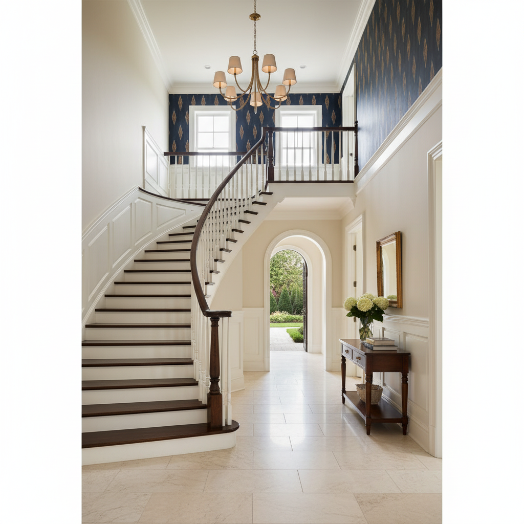 Riviko Tidelle Chandelier - elegant American entryway with arched doorway