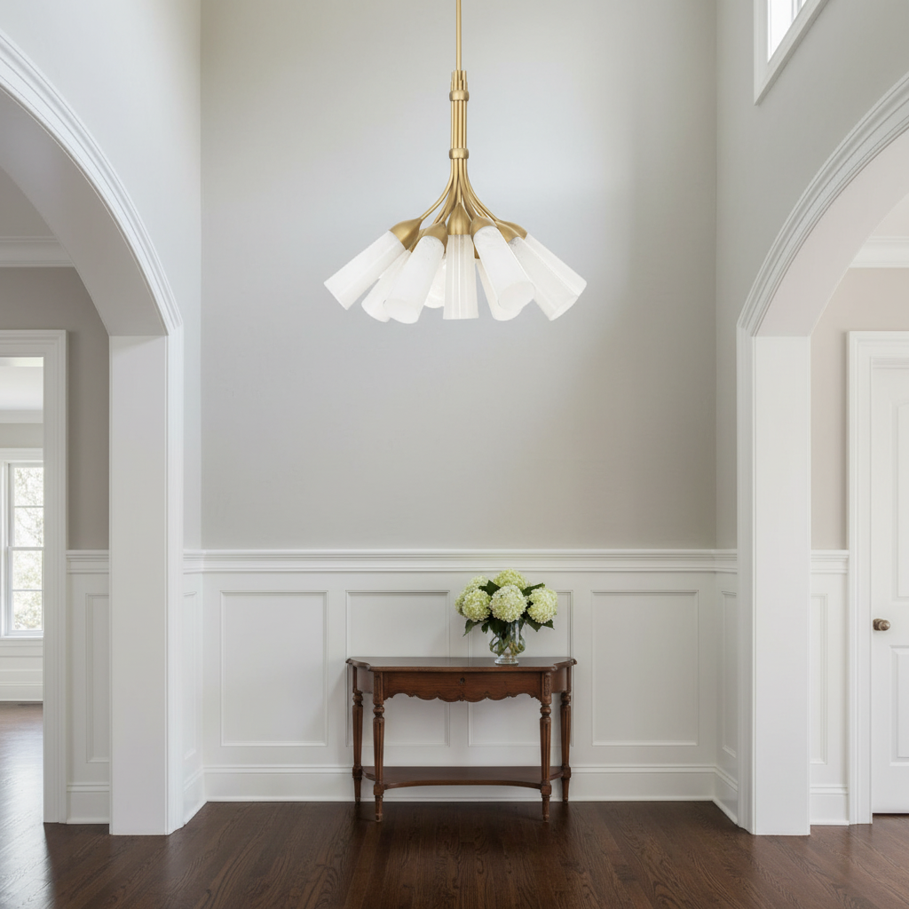 Riviko Veridian Bloom 9-Light Chandelier - elegant American entryway with arched doorway