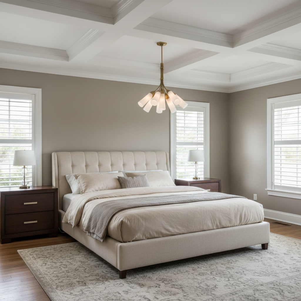 Riviko Veridian Bloom 9-Light Chandelier - American master bedroom with coffered ceiling