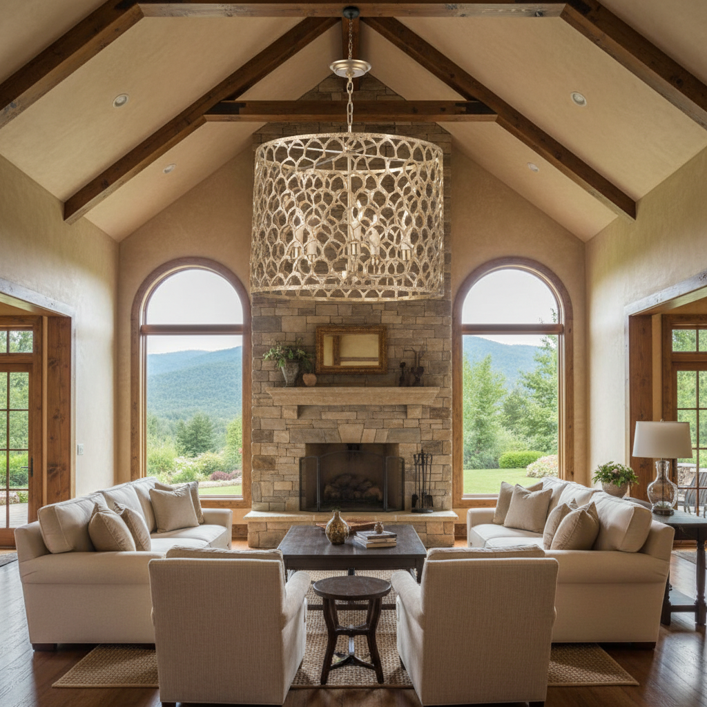 Riviko Radiant Brass Ethereal Chandelier - American transitional great room with cathedral ceiling