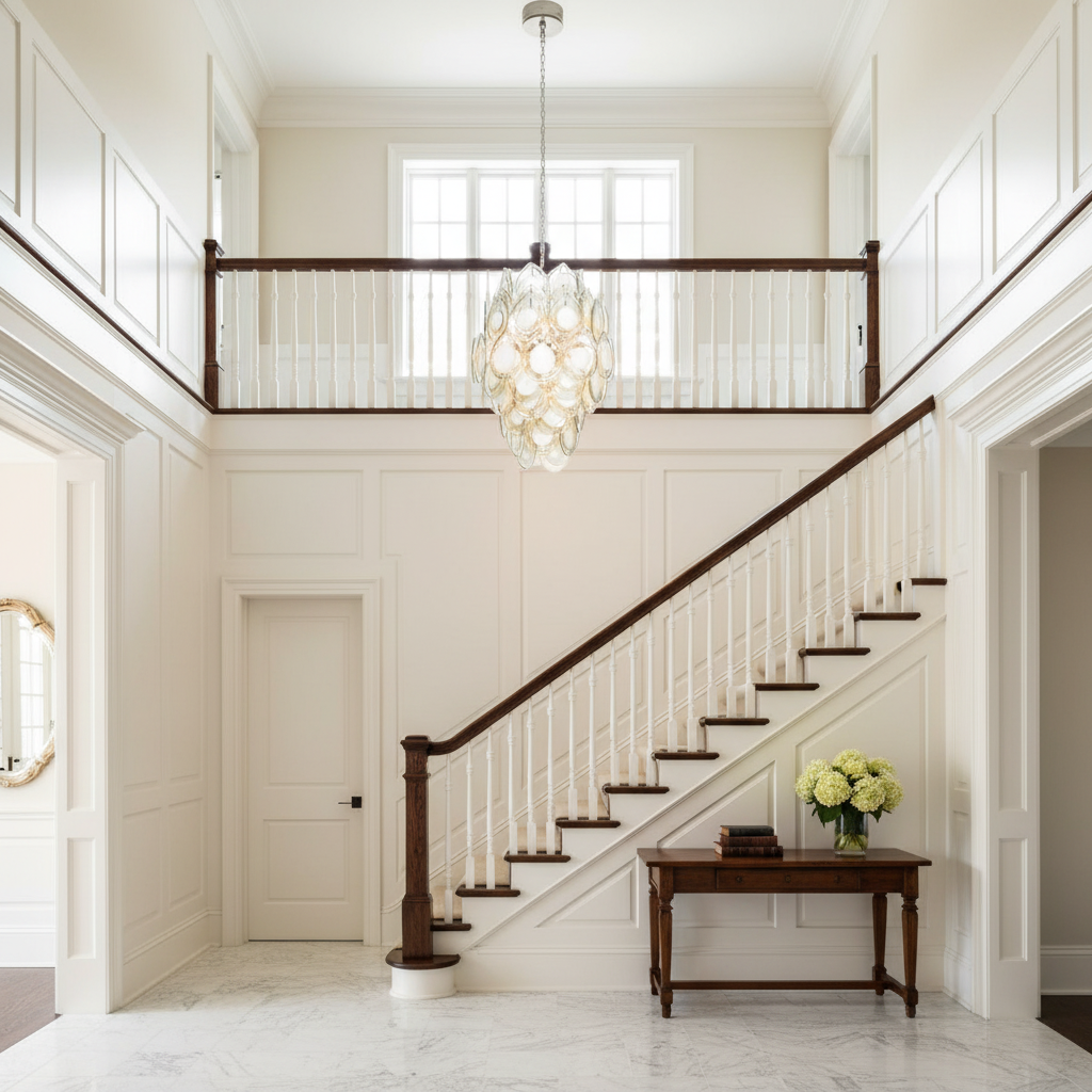 Riviko Ethereal Cascade Chandelier - elegant American entryway with arched doorway