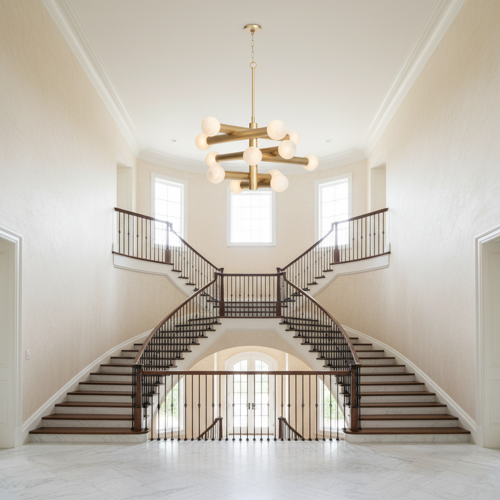 Riviko Aura Grandeur Alabaster-Like Chandelier - dramatic American stairwell with soaring ceiling