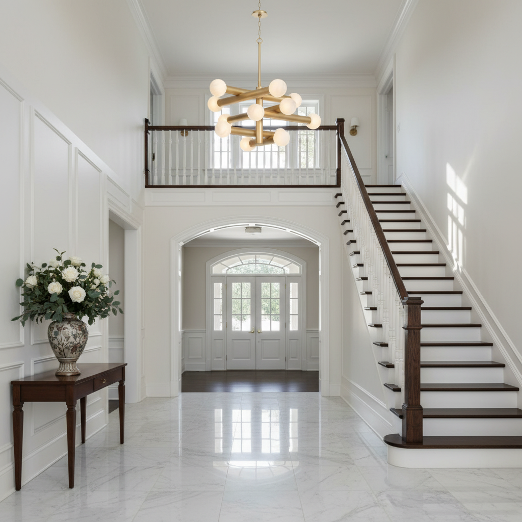 Riviko Aura Grandeur Alabaster-Like Chandelier - elegant American entryway with arched doorway