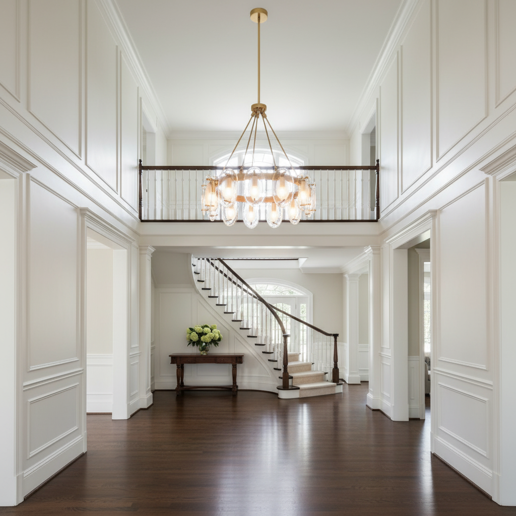 Riviko Radiant Bloom 12-Light Chandelier - elegant American entryway with arched doorway