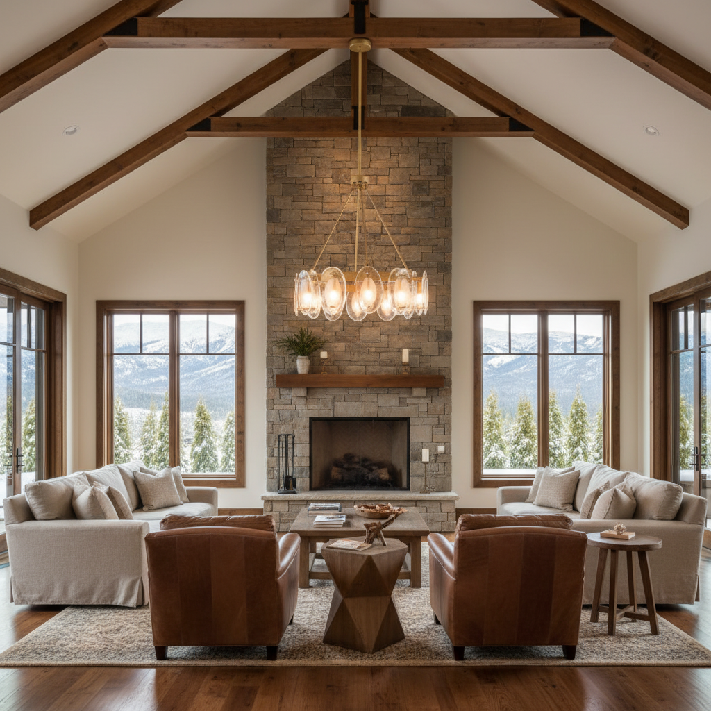 Riviko Radiant Bloom 12-Light Chandelier - American transitional great room with cathedral ceiling