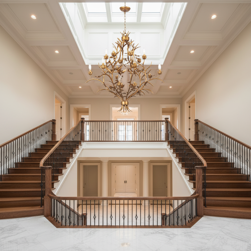Riviko Verdant Canopy 15-Light Chandelier - dramatic American stairwell with three-story void
