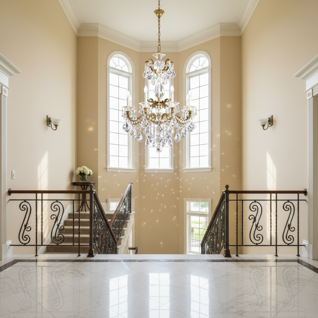 Riviko Regal Bloom Grand Chandelier - dramatic American stairwell with soaring ceiling