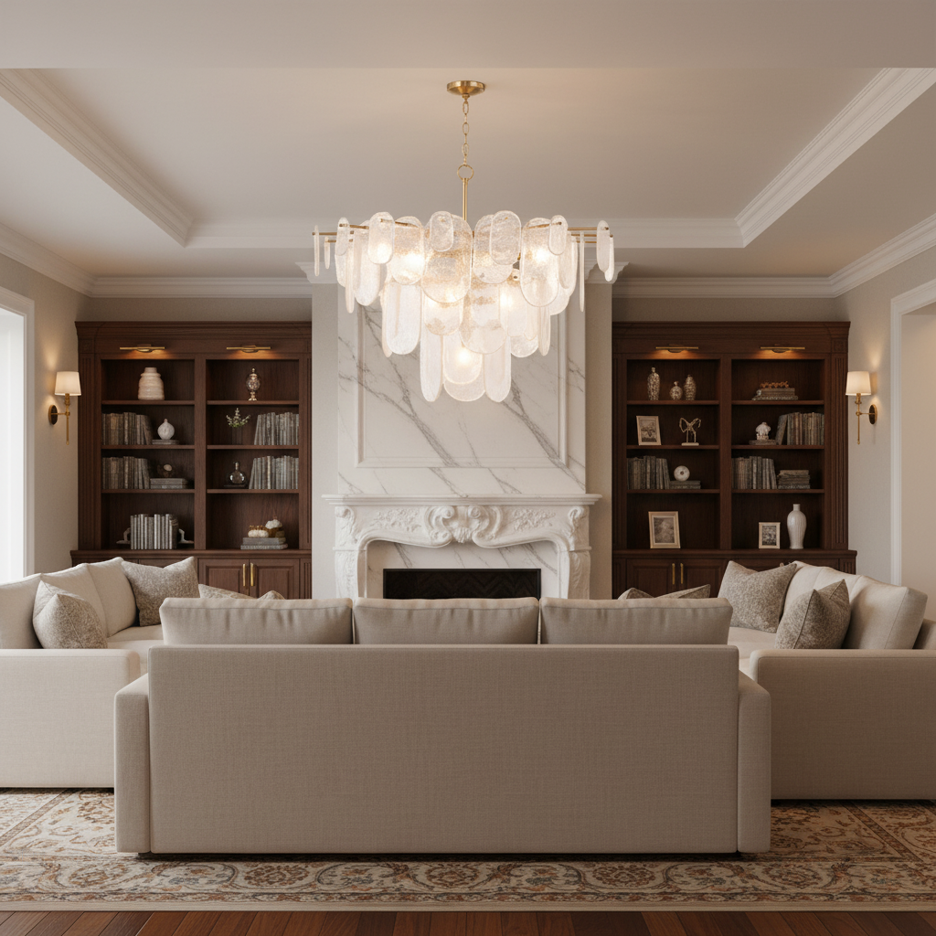 Riviko Radiant Cascade Polished Nickel Chandelier - luxurious American living room with tray ceiling