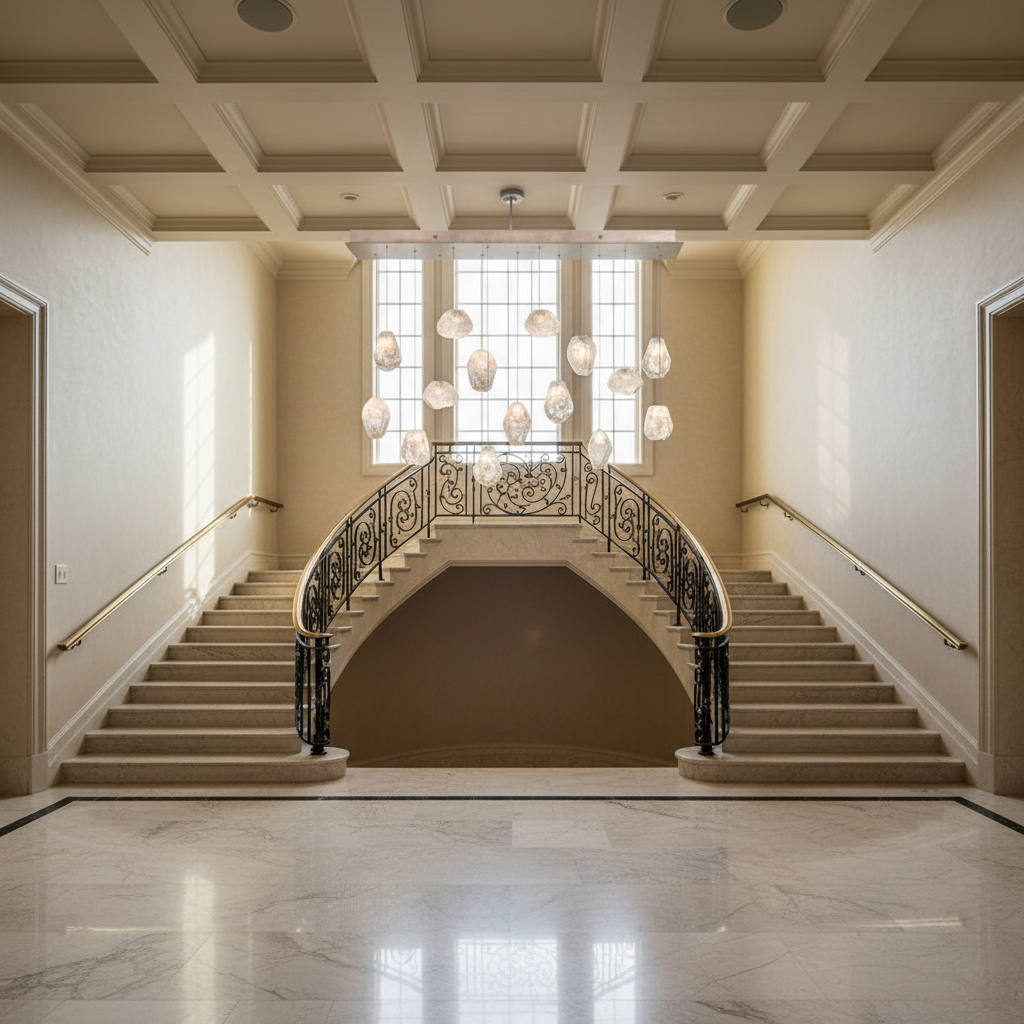 Riviko Veridian Bloom Quartz Chandelier - dramatic American stairwell with soaring ceiling