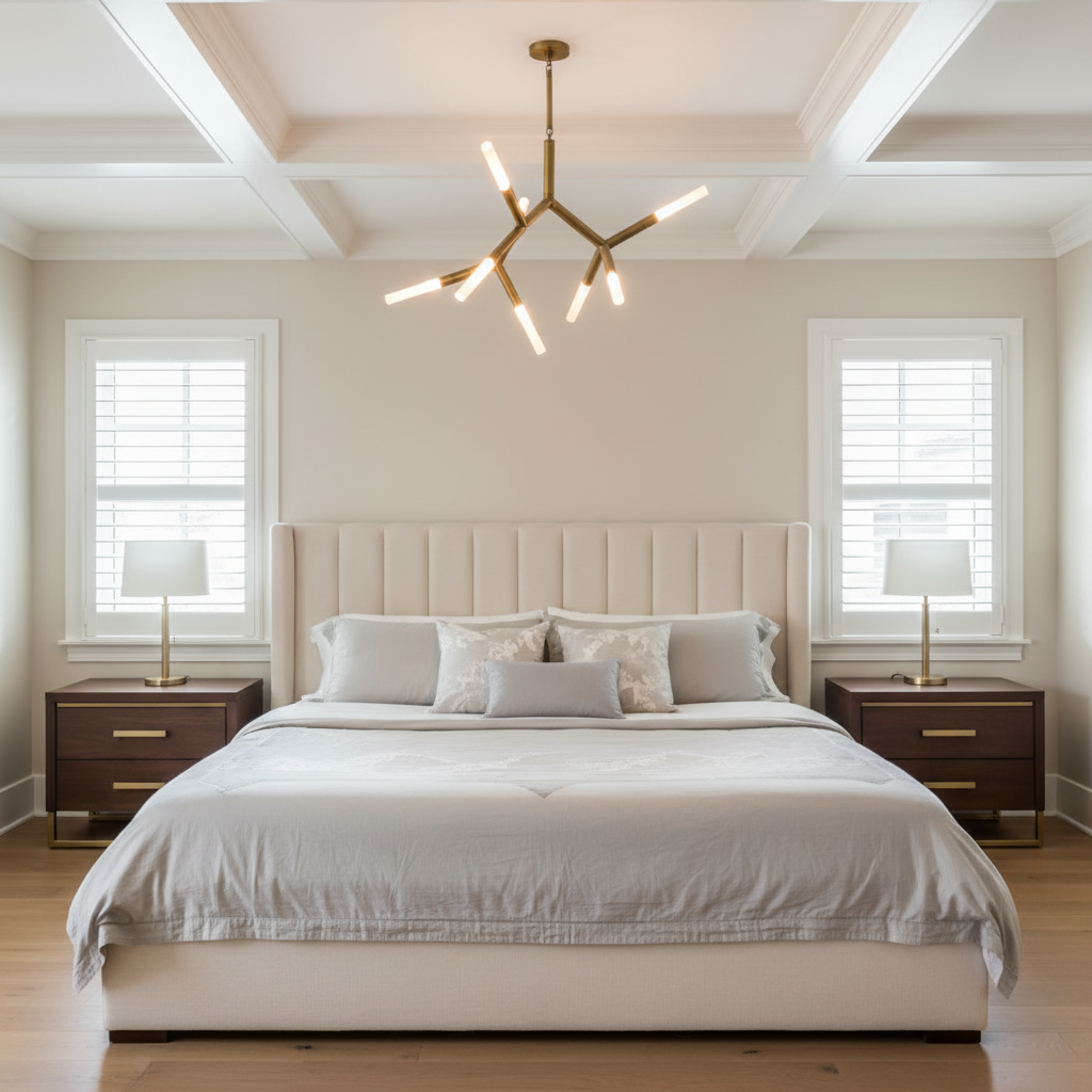 Riviko Kinetic Arc 7-Light Chandelier - American master bedroom with coffered ceiling