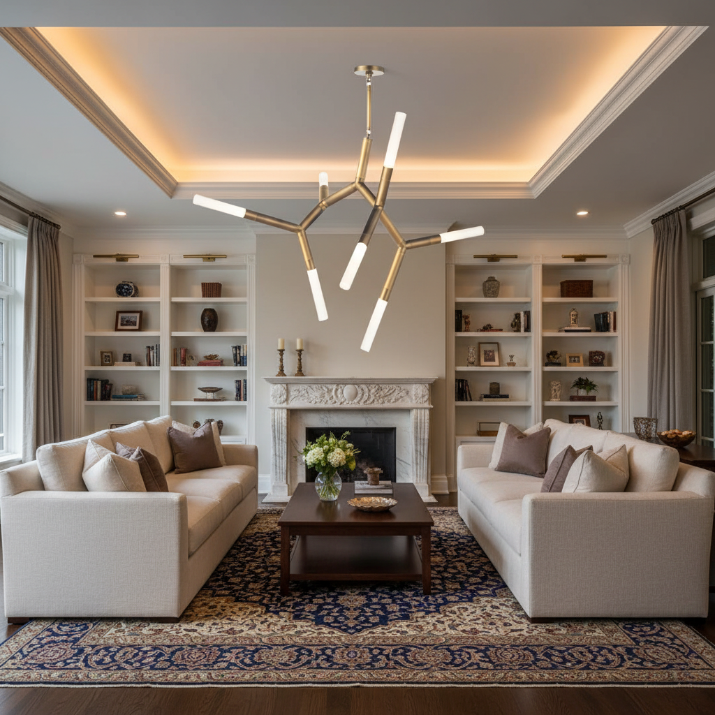 Riviko Kinetic Arc 7-Light Chandelier - luxurious American living room with tray ceiling