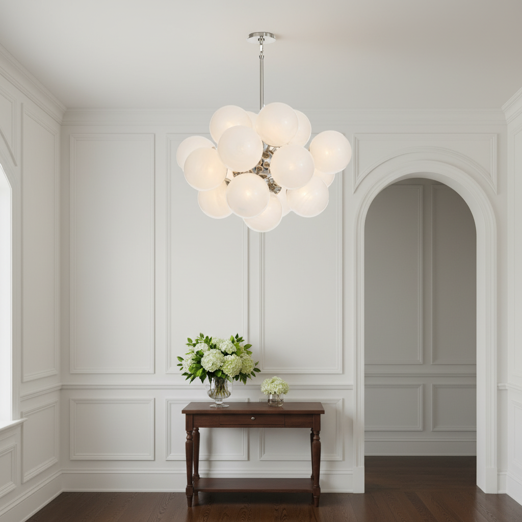 Riviko Celestial Orb Nickel Chandelier - elegant American entryway with arched doorway