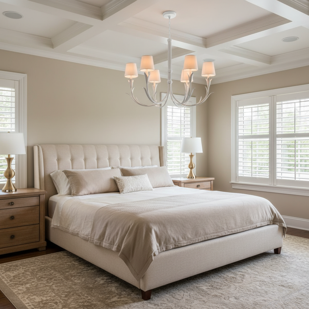 Riviko Fontara White Reed Chandelier - American master bedroom with coffered ceiling