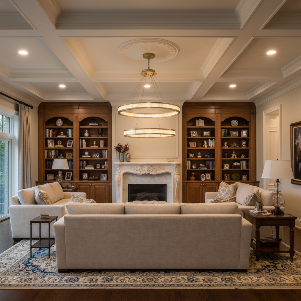 Riviko Deco Radiance Round Chandelier - luxurious American living room with tray ceiling