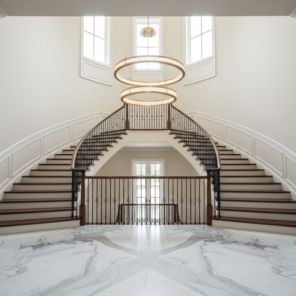 Riviko Deco Radiance Round Chandelier - dramatic American stairwell with soaring ceiling