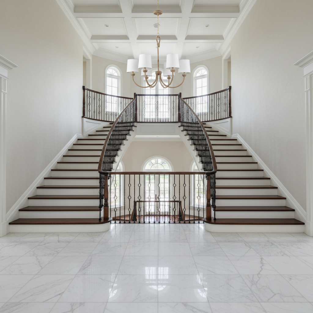 Riviko Coastal Weave 6-Light Chandelier - dramatic American stairwell with soaring ceiling