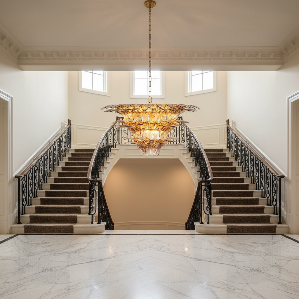 Riviko Veridian Bloom 9-Light Chandelier - dramatic American stairwell with soaring ceiling