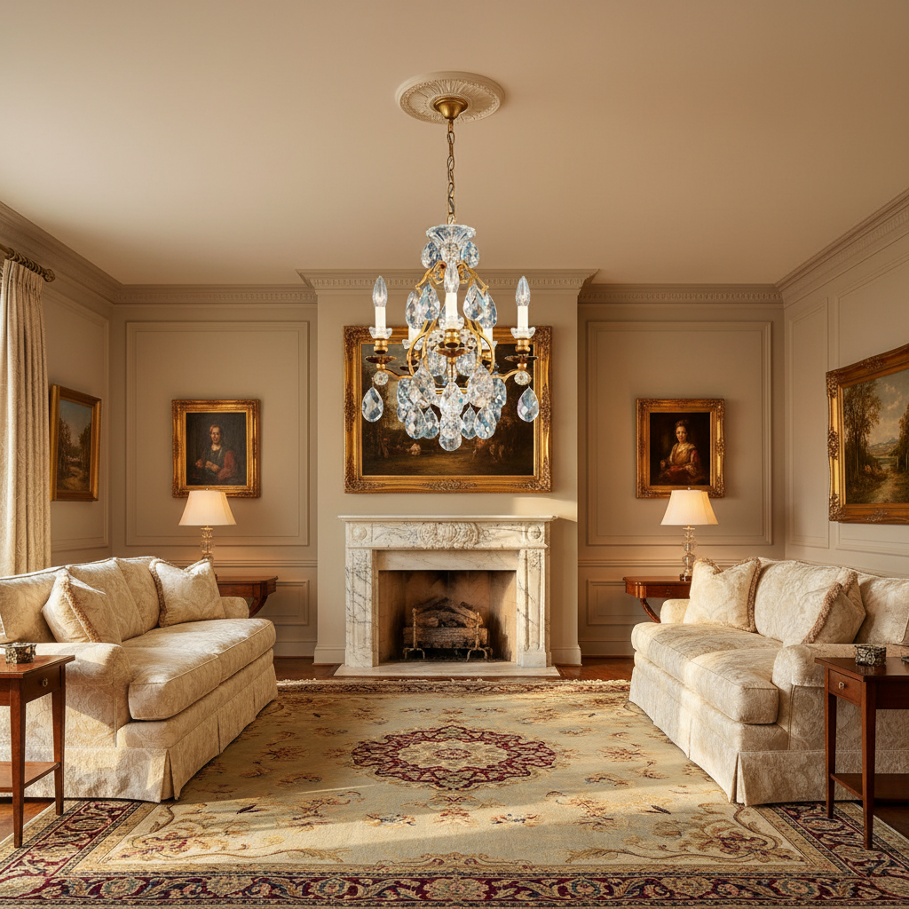 Riviko Regal Radiance Crystal Chandelier - American formal living room with 12-foot ceilings