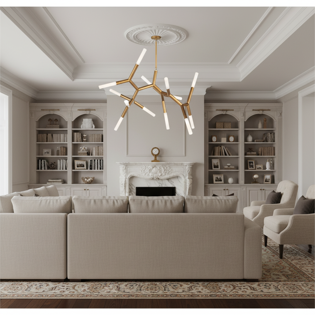 Riviko Stellar Branching Polished Nickel Chandelier - luxurious American living room with tray ceiling