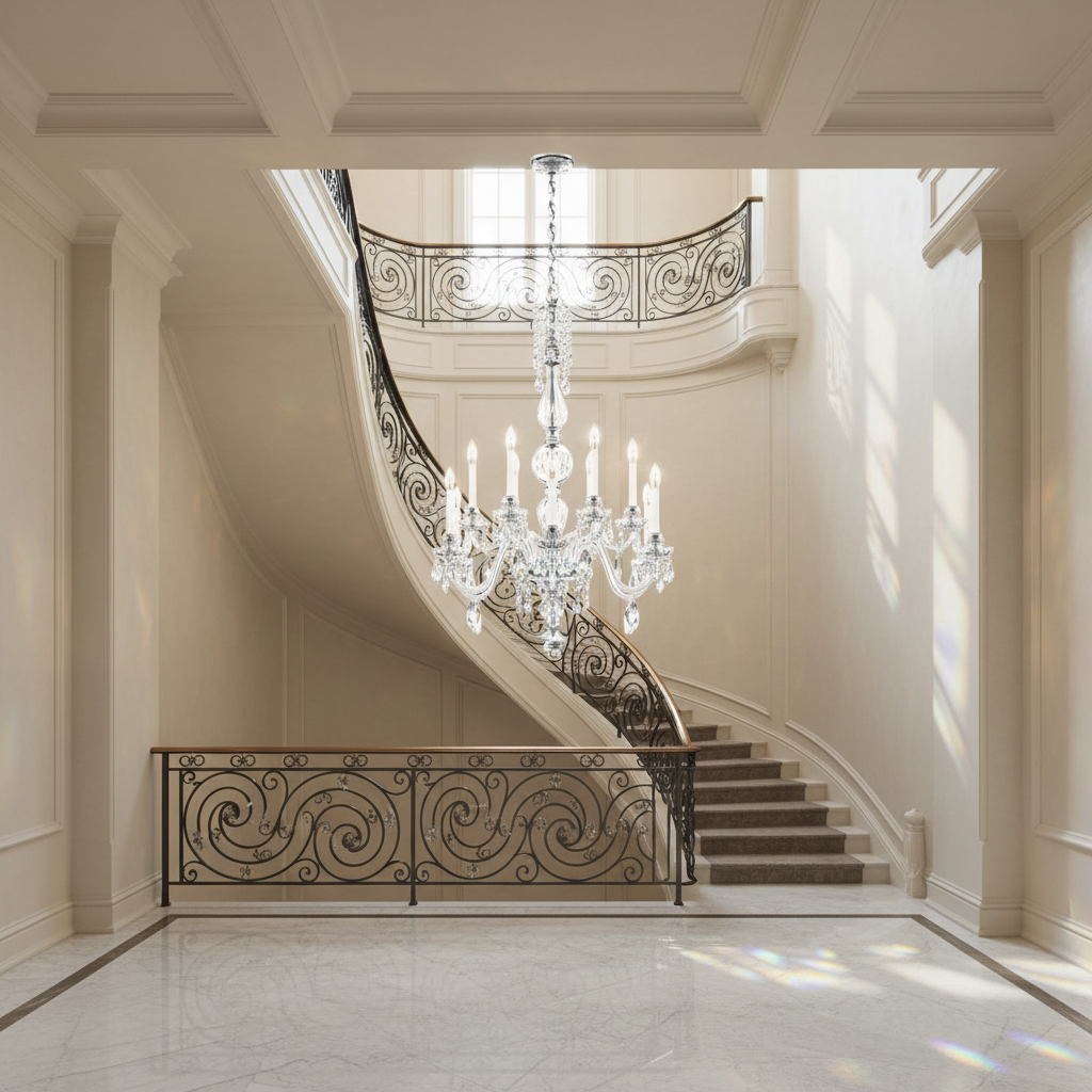 Riviko Veridian Grandeur Crystal Chandelier - dramatic American stairwell with soaring ceiling
