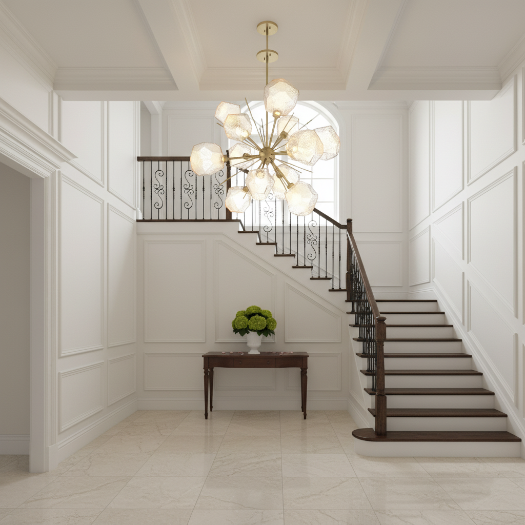 Riviko Radiant Bloom Starburst Chandelier - elegant American entryway with arched doorway