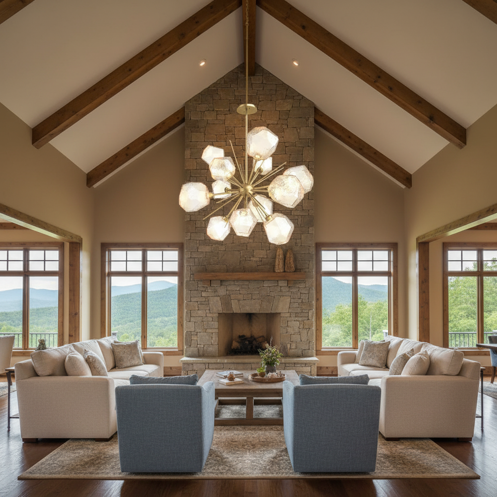 Riviko Radiant Bloom Starburst Chandelier - American transitional great room with cathedral ceiling