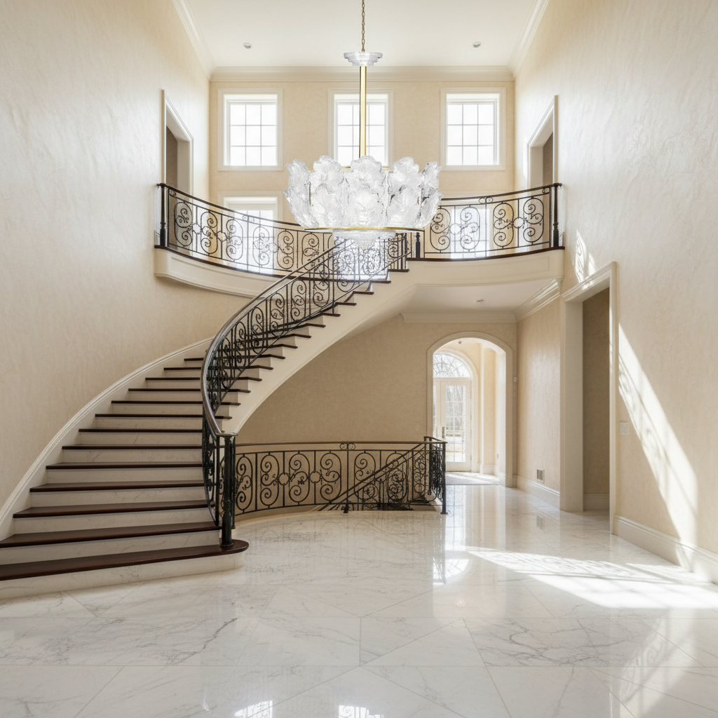 Riviko Veridian Leaf Motif Chandelier - dramatic American stairwell with soaring ceiling
