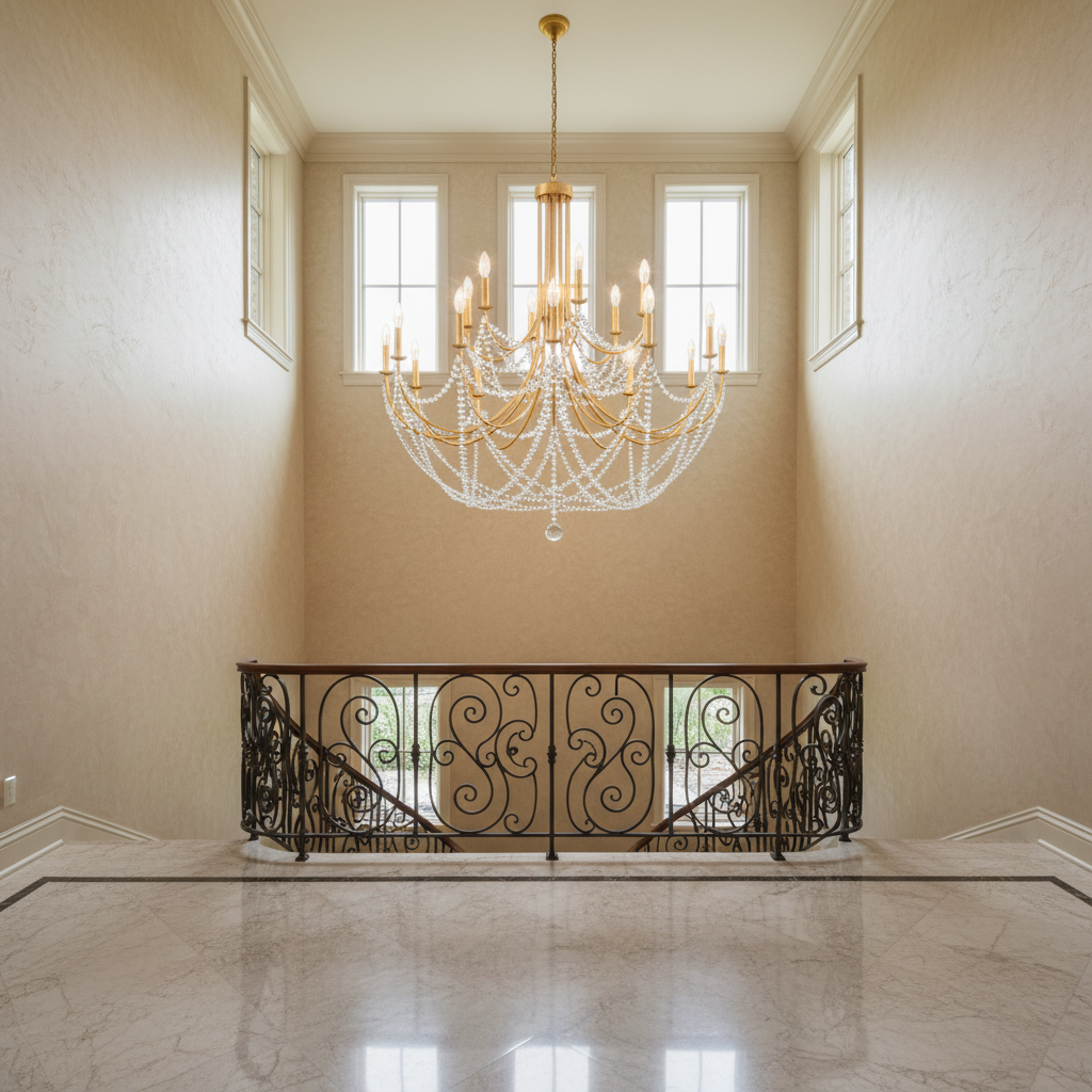 Riviko Radiant Crescent Chandelier - dramatic American stairwell with soaring ceiling
