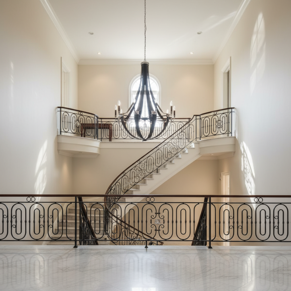 Riviko Artisan Leather Grand Chandelier - dramatic American stairwell with soaring ceiling