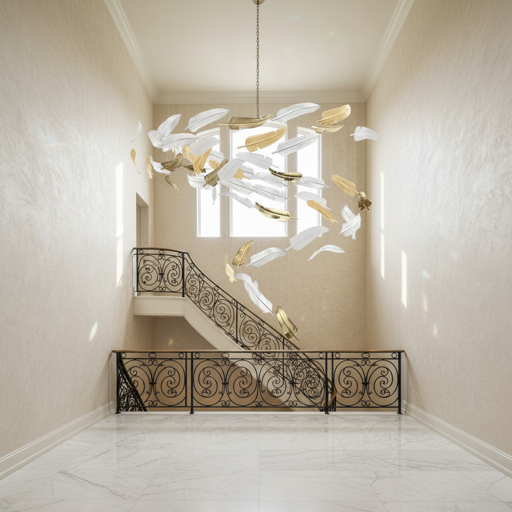 Riviko Ethereal Plume Glass Chandelier - dramatic American stairwell with soaring ceiling