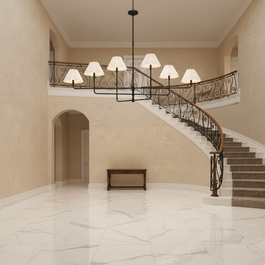 Riviko Sculptural Linen Bloom Chandelier - grand American foyer with soaring ceiling