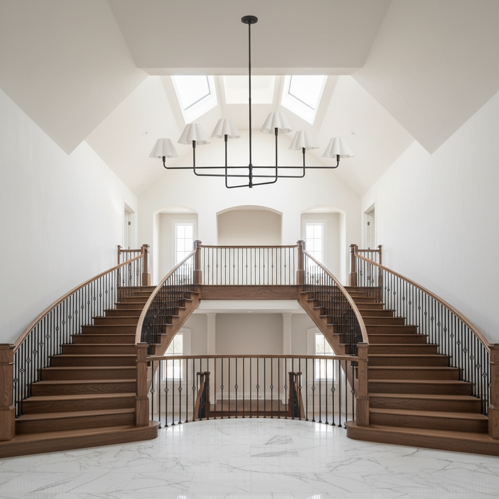 Riviko Sculptural Linen Bloom Chandelier - dramatic American stairwell with three-story void