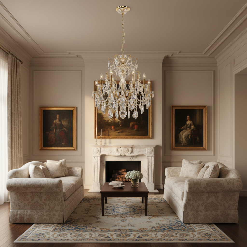 Riviko Regal Radiance 12-Light Chandelier - American formal living room with 12-foot ceilings