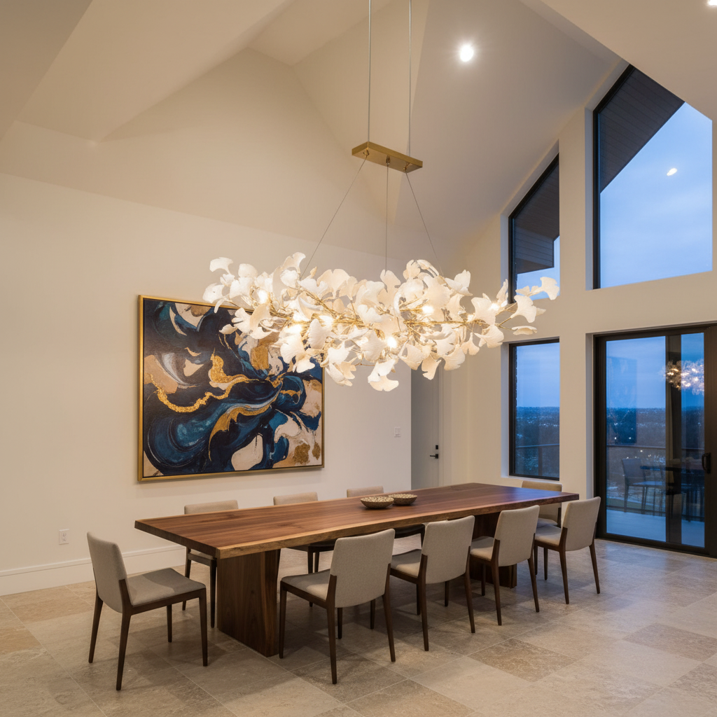 Riviko Porcelain Linear Gold Chandelier - American great room dining area
