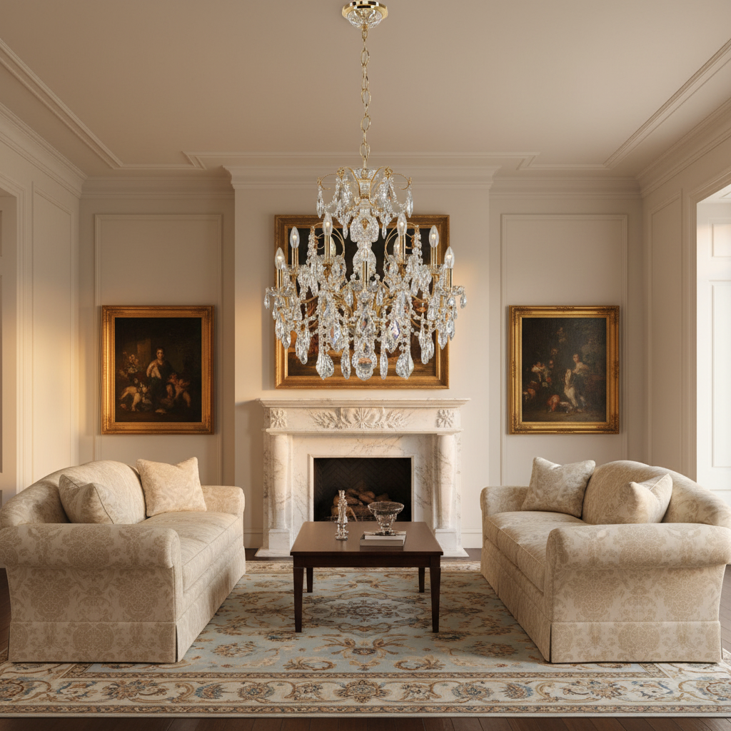 Riviko Coinora Century Chandelier 30" - American formal living room with 12-foot ceilings