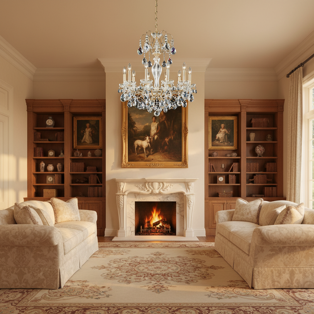 Riviko Aria Grandeur Crystal Chandelier - American formal living room with 12-foot ceilings