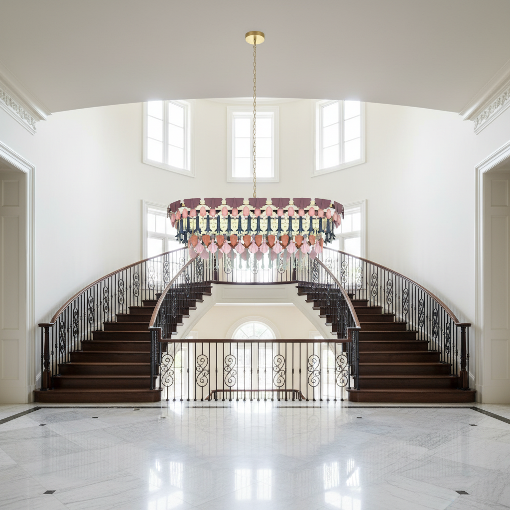 Riviko Veridian Seasons Oval Chandelier - dramatic American stairwell with soaring ceiling
