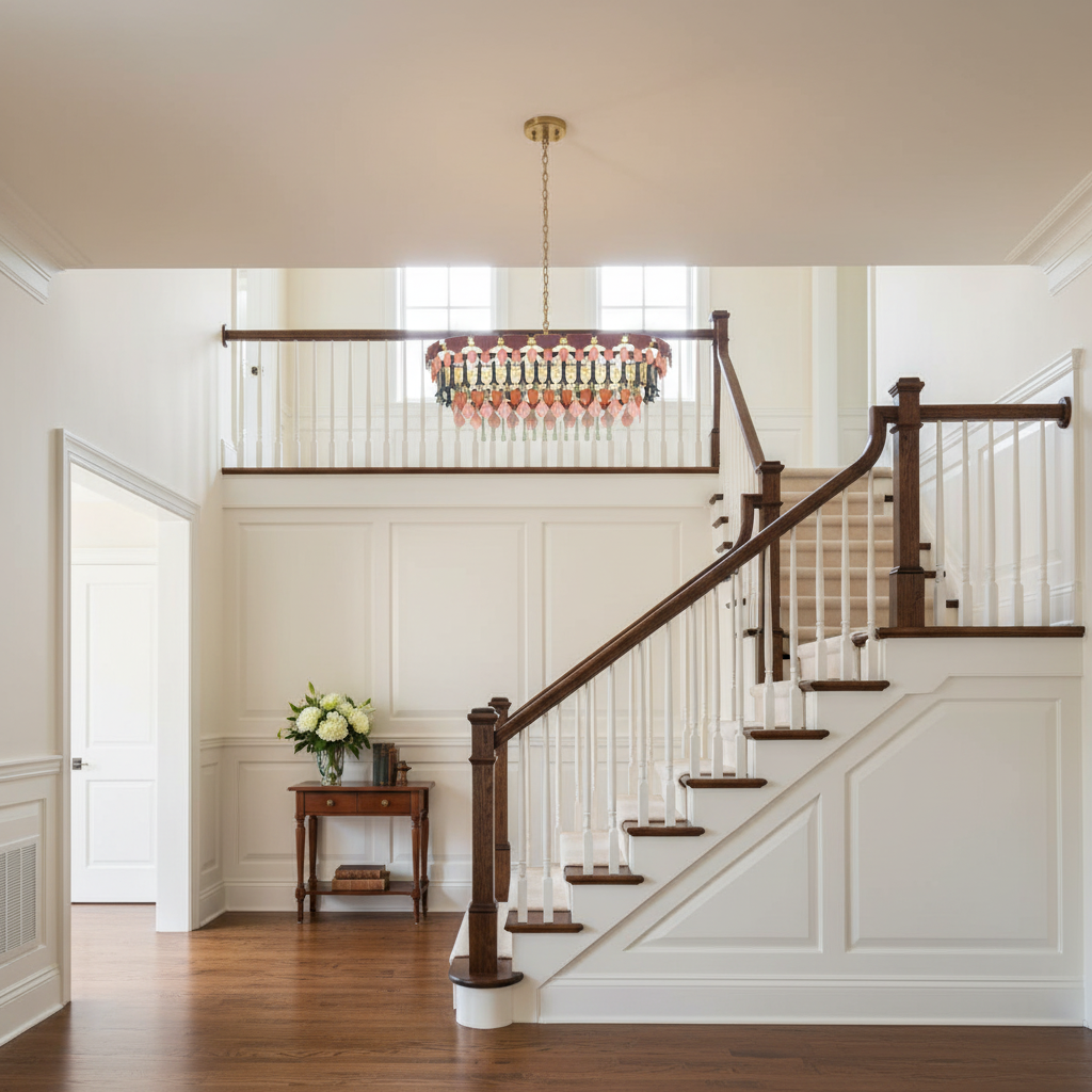Riviko Veridian Seasons Oval Chandelier - elegant American entryway with arched doorway