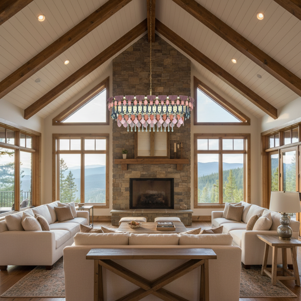 Riviko Veridian Seasons Oval Chandelier - American transitional great room with cathedral ceiling