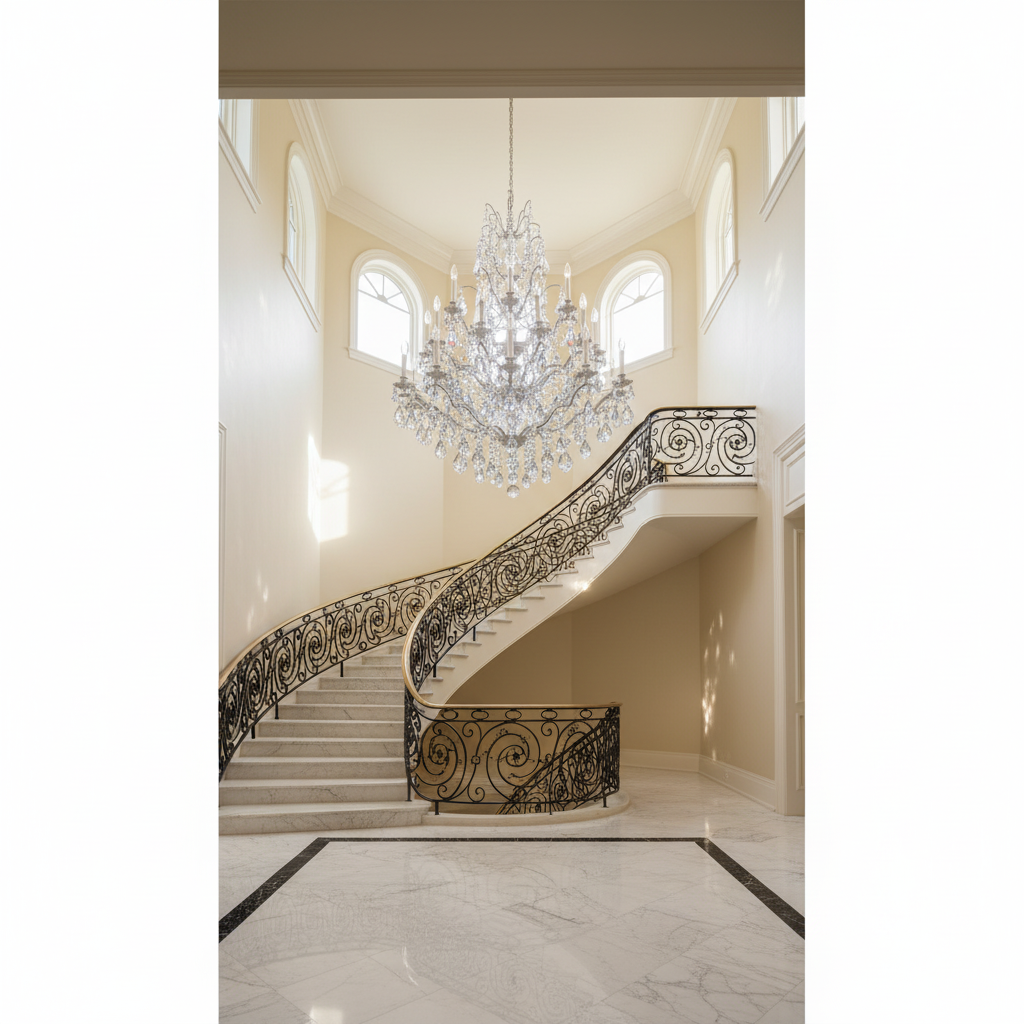 Riviko Regal Grandeur Crystal Chandelier 40" - dramatic American stairwell with soaring ceiling