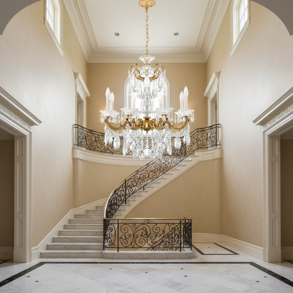 Riviko Heirloom Bloom Chandelier 25-inch - dramatic American stairwell with soaring ceiling